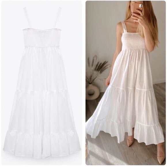 Zara Voluminous Cotton Poplin Maxi Dress NWT Smocked White Size Medium - Picture 4 of 9